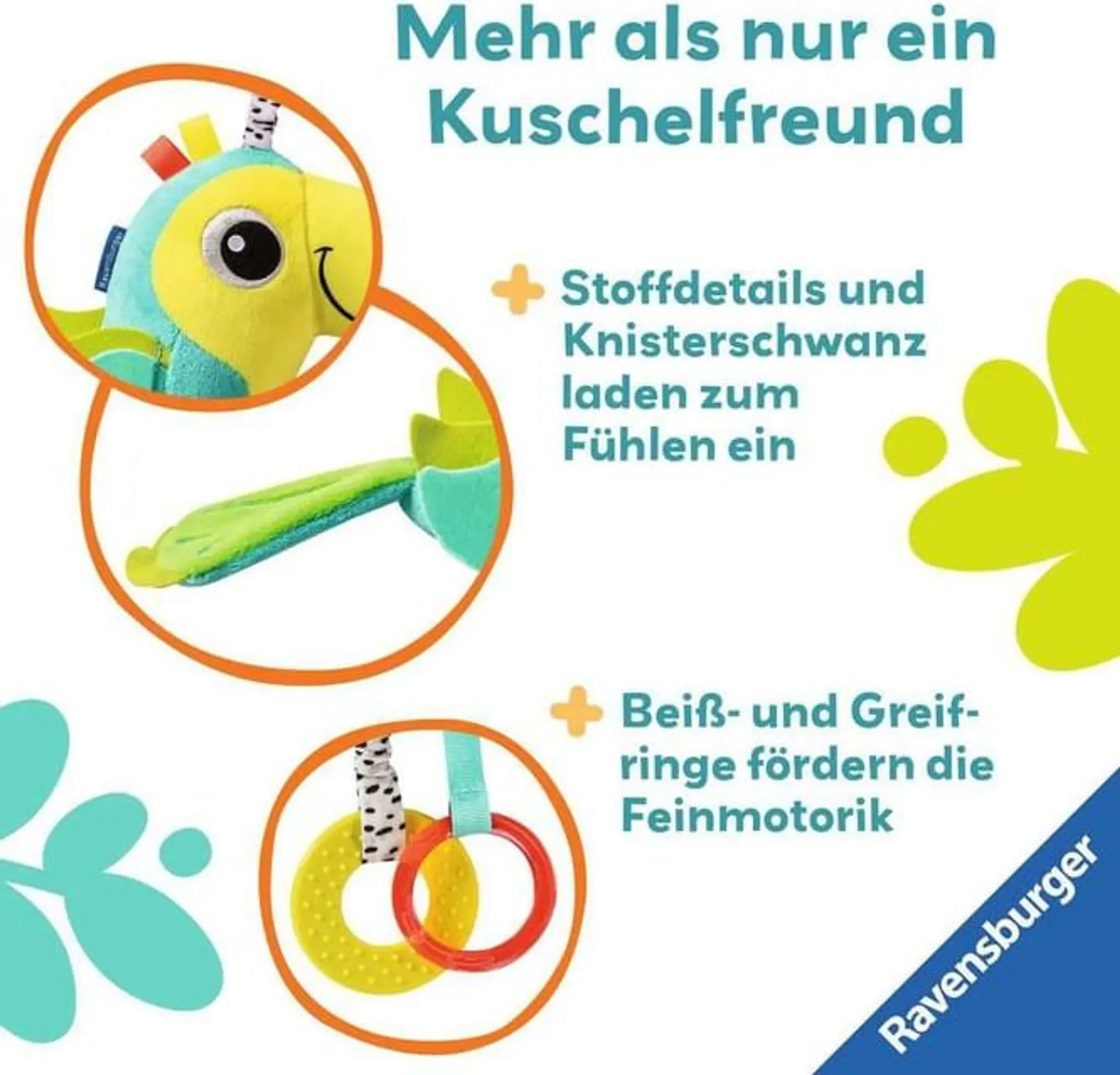 Baby Activity-Tukan – Kuschelspielzeug mit Spielelementen
